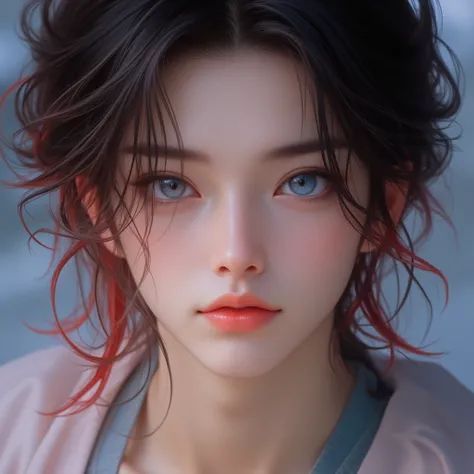 masterpiece, best quality artwork, 8k, of the highest quality, best graphic,   Beautiful blue eyes   , beautiful sensual lip , beau fond black , black hair with red or burgundy locks , androgynous man , visage porcelaine . Japanese and Chinese aged about 1...