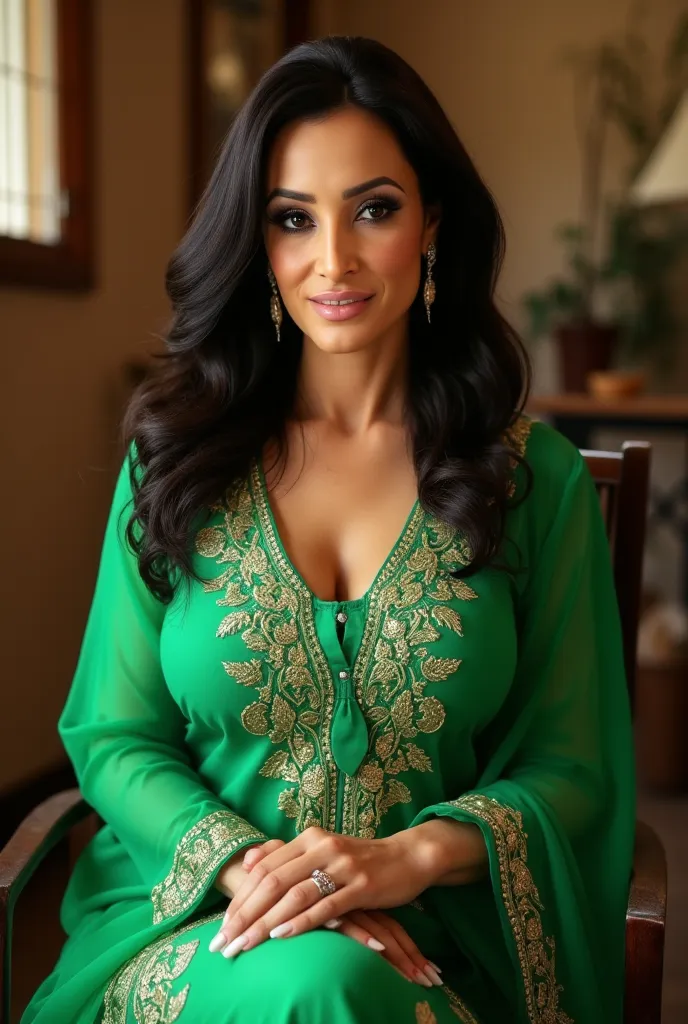 


 ((32K, top-quality:1.5, masterpiece, A high resolution, Photorealsitic)), A beautiful young Pakistan's,40 years old , bindi and light lips woman wearing green kurti and salwar, henna (mehndi) in both hands
Sitting on a chair at home,black thick Hair, S...