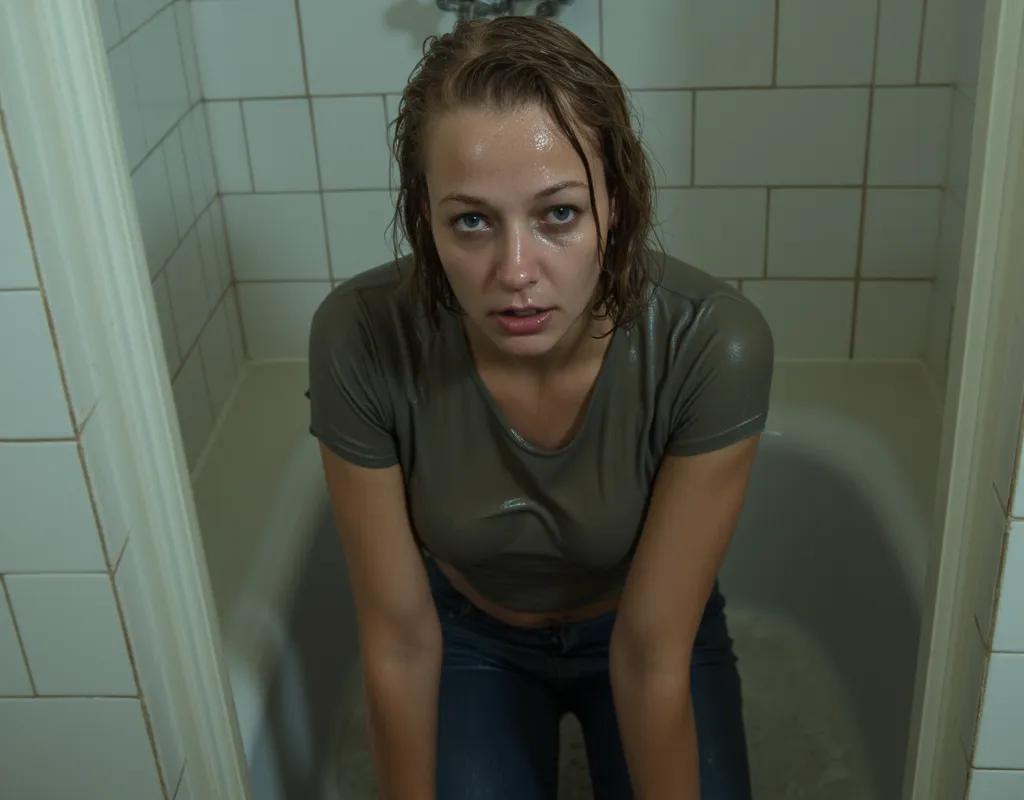 1970s setting, shooting woman is exhausted from lust,  wet jeans , t-shirt, in the bathroom, desperate взгляд, desperately exhausted by the lust of desire, realistic, фотоrealistic, worn out facial expression, kneeling,  wet skin, naturalistic textures, so...