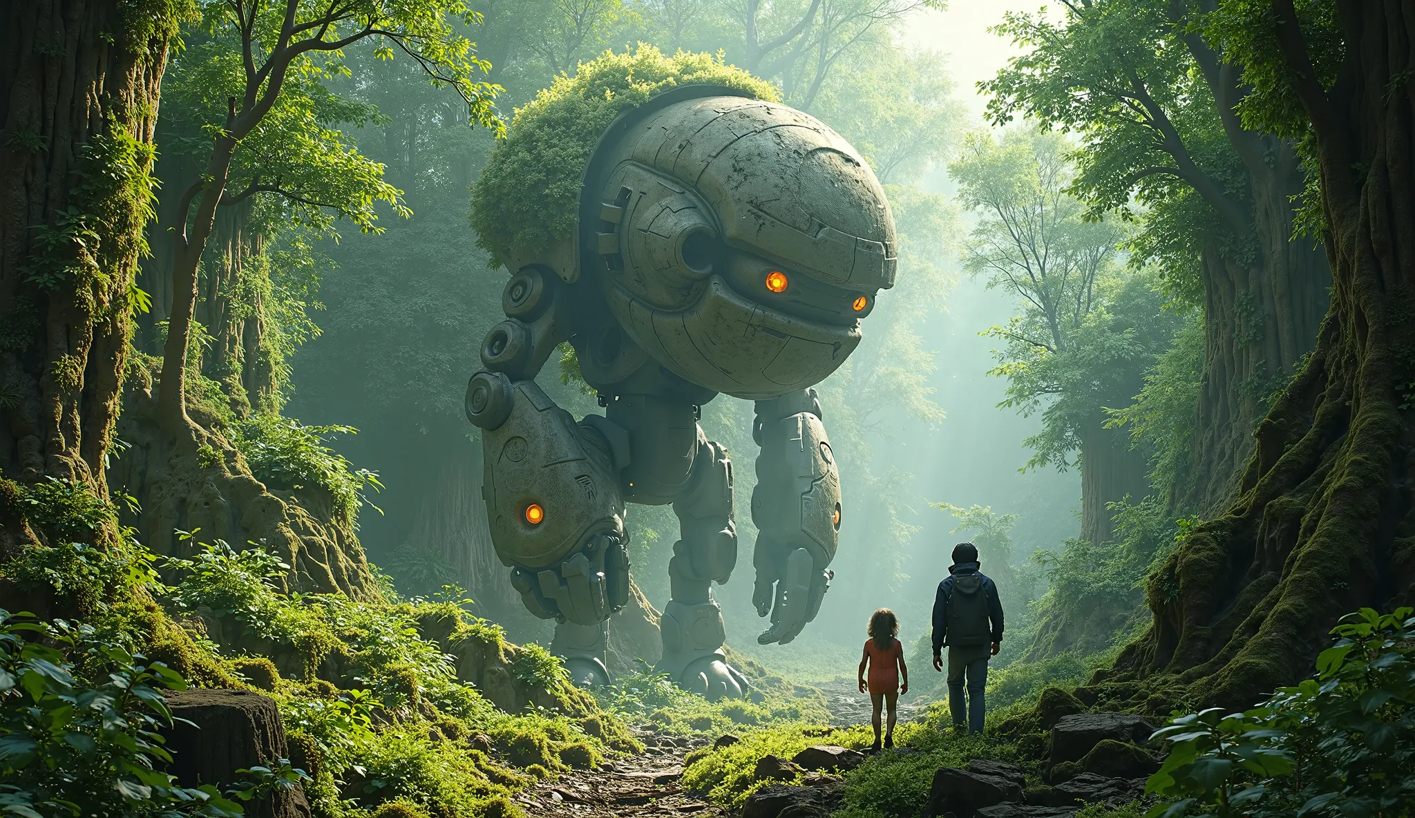 In the distant future, a group of explorers on a lush, verdant alien world discovered the ancient, Mystic Mechs of the Emerald Canopy, mechanical guardians nestled under massive green treetops, remnants of a long-lost civilization, hiding amongst overgrown...