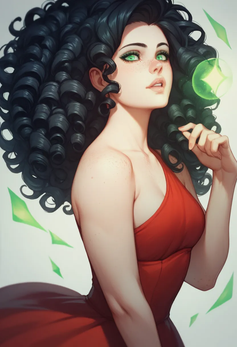 One woman, freckles, long curly hair, black hair, standing, pale skin, glowing green eyes, red dress, princess