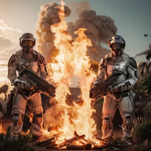 Realistic alien soldiers,  fire behind them