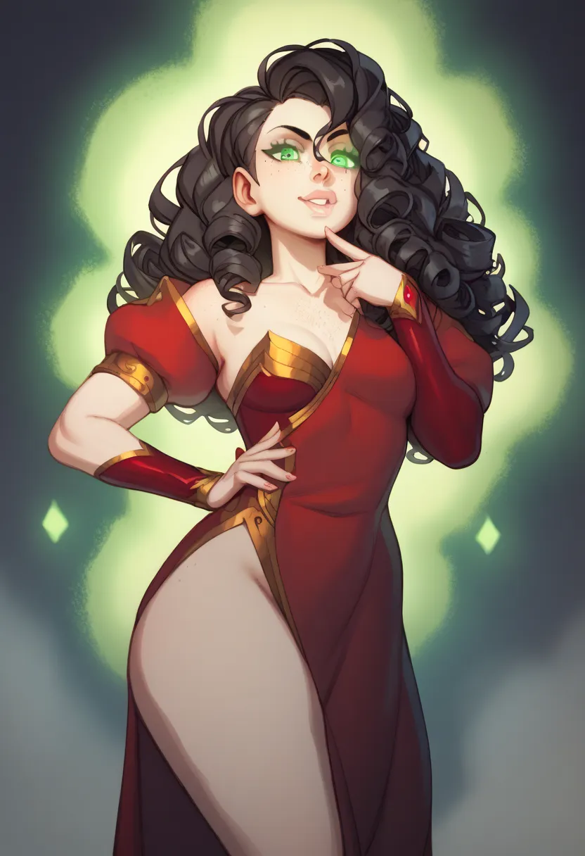 One woman, freckles, long curly hair, black hair, standing, pale skin, glowing green eyes, red dress, princess