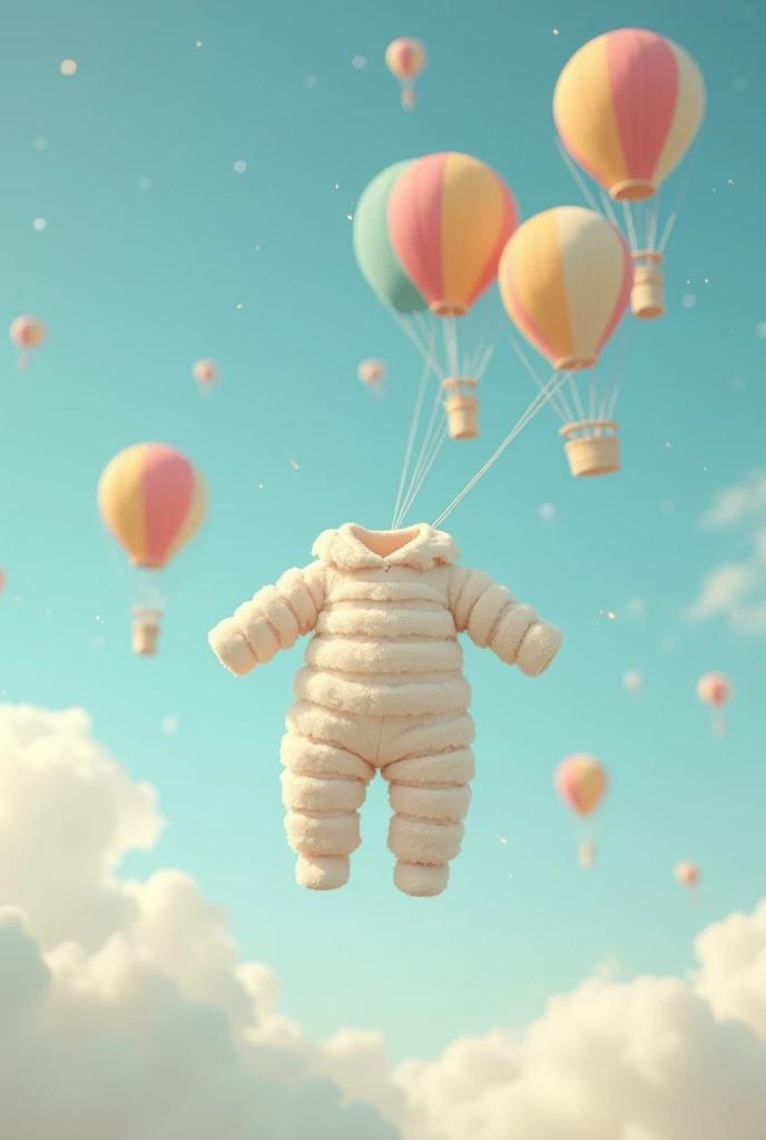 generate an image of baby romper in sky attach with hot air ballons with no character