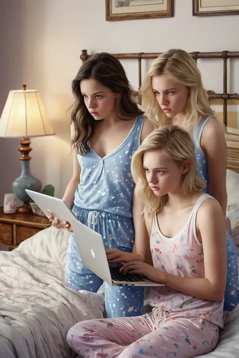 Two young prepubescent girls, Caucasian, one brunette with porcelain skin, the other blonde, wearing camisoles and pajama pants standing in a bedroom by a laptop, iphone photo, looking at viewer