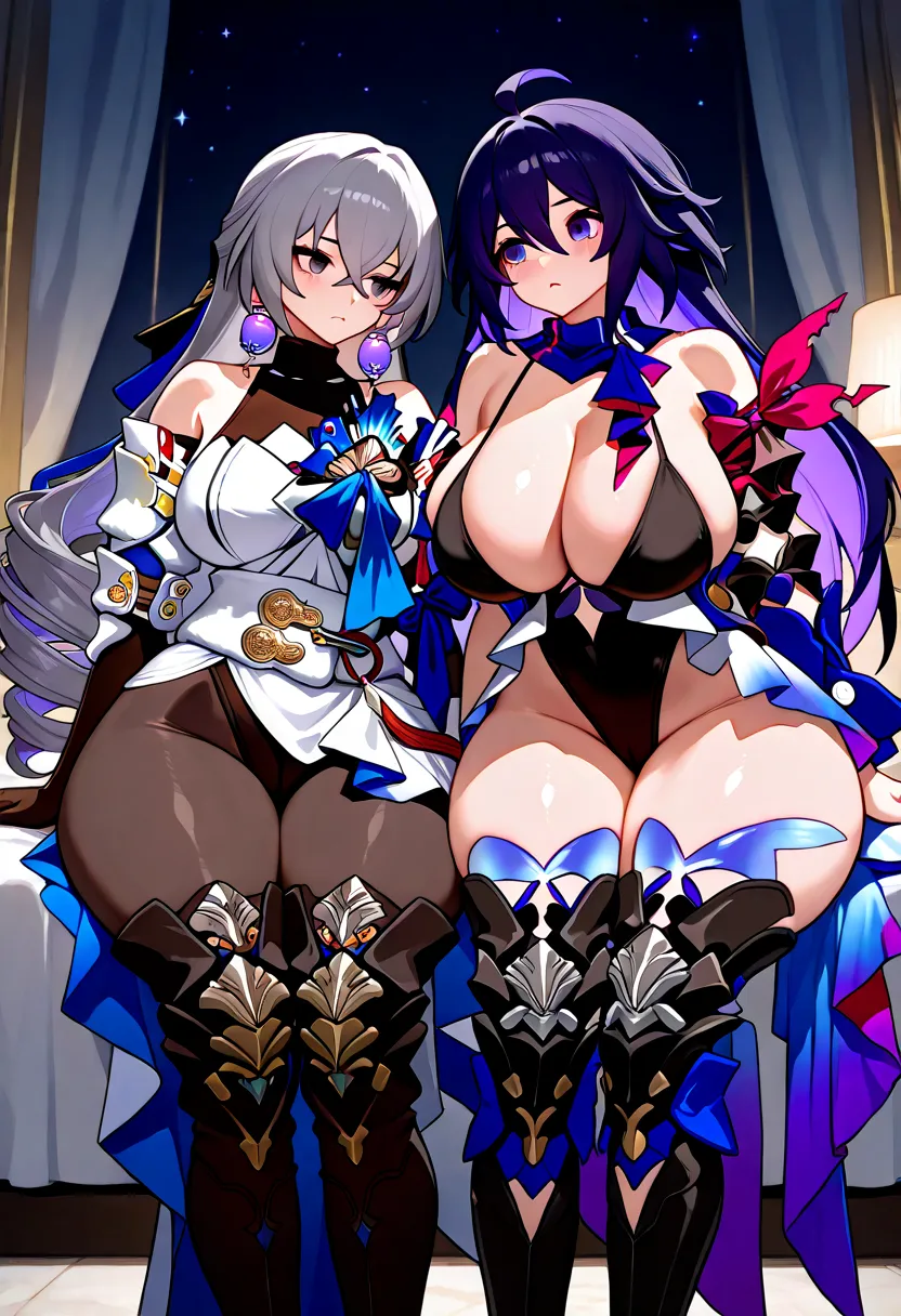 2 girls, seele, bronya rand, honkai star rail, dark purple hair, grey hair, wide hips, thick thighs, huge breast, huge thighs, large tits