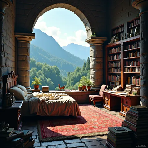 fantasy setting, bedroom on top of the castle tower,  In dark colors , large window, beautiful views of the forest and mountains, big bed, many books, alchemical devices, lute , a table with notes,  Large fluffy carpet on the floor , mess