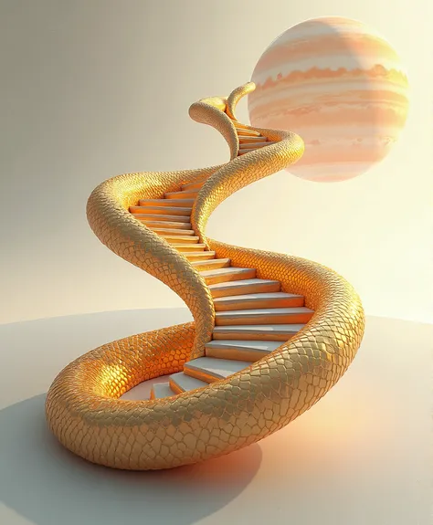 A snake With golden scales  In the organic form of an interior staircase. In the background you can see the planet Jupiter in space. utopian White 