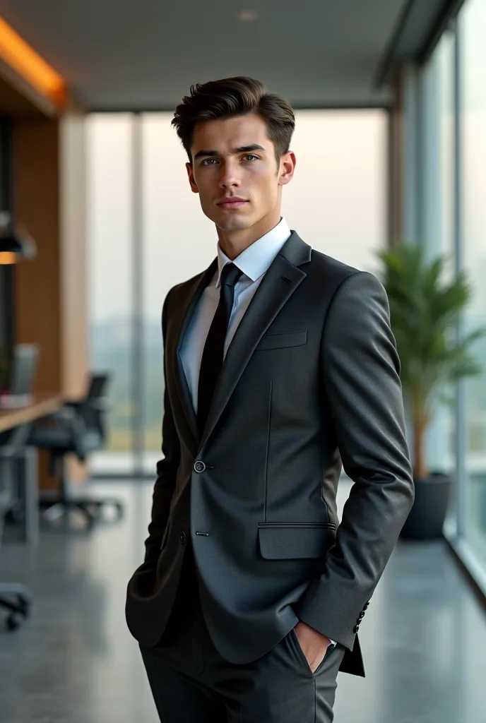 A young man visualizing himself as a businessman, standing confidently in a suit.