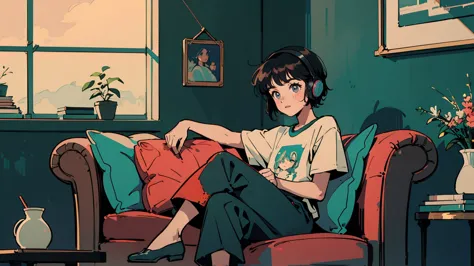 Man wearing headphones and feeling comfortable sitting on sofa, Wide-angle lens, Lofi Anime, Illustration of Rofi, Aesthetic atmosphere, Lo-Fi Style, Vector art, Flat Design, Simple shape, Warm colors, Pleasant atmosphere, Chill, In anime style, Digital dr...