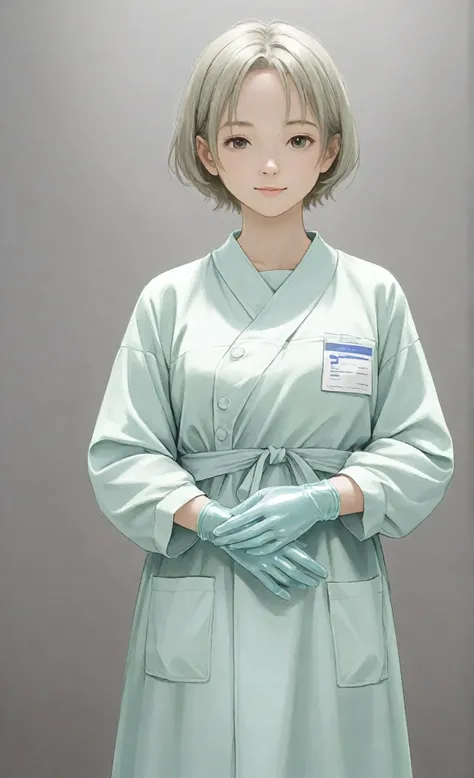 one girl, 25 years and under, smile,  short hair, ((surgical gown)), ((fitted sterile gloves)), (( light blue latex gloves  )), ( Long Sleeve), alone, Realistic physique, high quality, Professional Pose,  bright colors, Clean atmosphere 