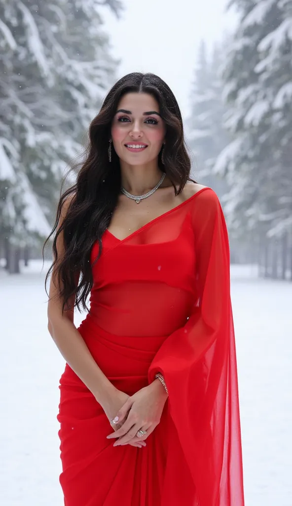 An award winning, full HD picture of a beautiful woman in her late 20s standing gracefully in a serene winter landscape, surrounded by freshly fallen snow. She is dressed in a modern and stylish chiffon red saree, draped gracefully over her left shoulder. ...