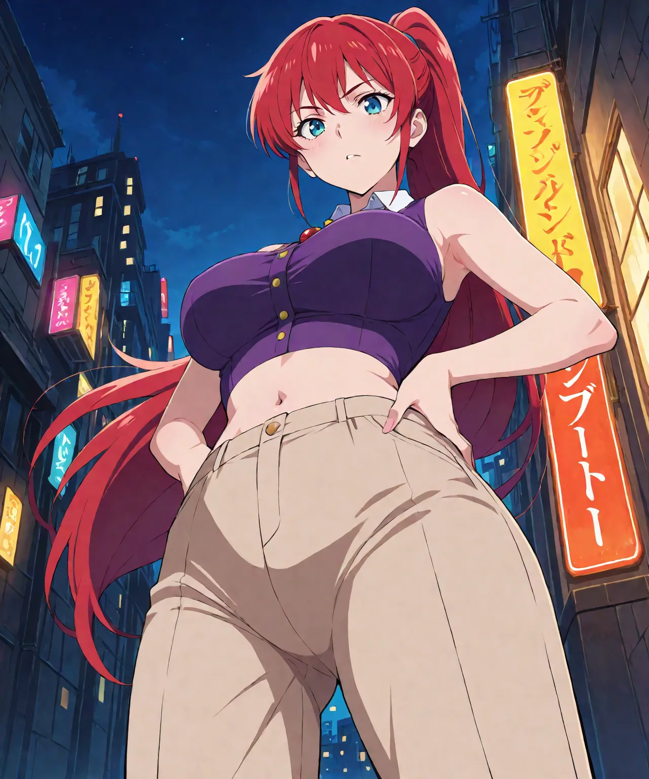 masterpiece, best quality, 1girl, solo, beautiful sexy anime girl with very long red hair ponytail & blue eyes, wearing purple sleeveless button up collared crop top & beige pants, low angle shot, at a dark urban backstreet, dark night sky