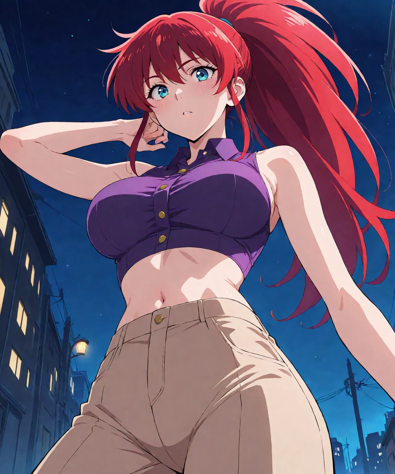 masterpiece, best quality, 1girl, solo, beautiful sexy anime girl with very long red hair ponytail & blue eyes, wearing purple sleeveless button up collared crop top & beige pants, low angle shot, at a dark urban backstreet, dark night sky