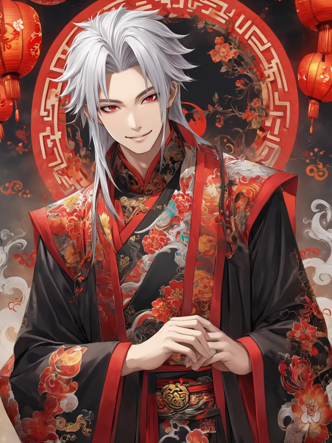 Xiǎo Mó, , homunculus son of the demonic alchemist Hēi Yuè, has vibrant blood red eyes, straight silver hair extending to his shoulders, and his skin is pale and smooth. He wears a traditional black Chinese robe with colorful ornaments and engravings. He i...