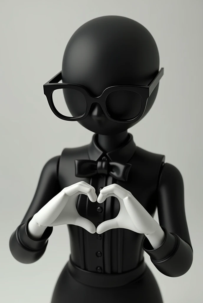 Create a hairless Roblox doll,  black head , half crooked black glasses , black blouse with black bow, arms White making a heart with your hands