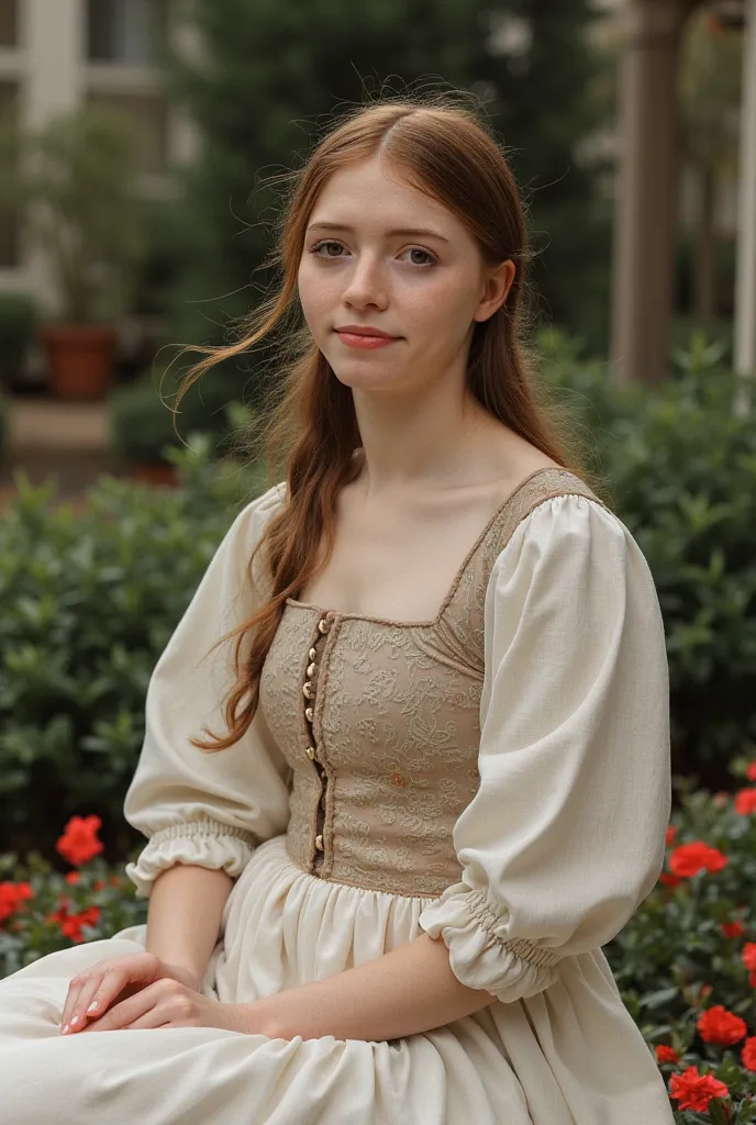 A serene portrait of a young Renaissance woman, seated amidst a tranquil garden. A gentle breeze tousles her hair as she gazes thoughtfully into the distance. The soft, muted colors of the painting create a peaceful and contemplative atmosphere. The intric...