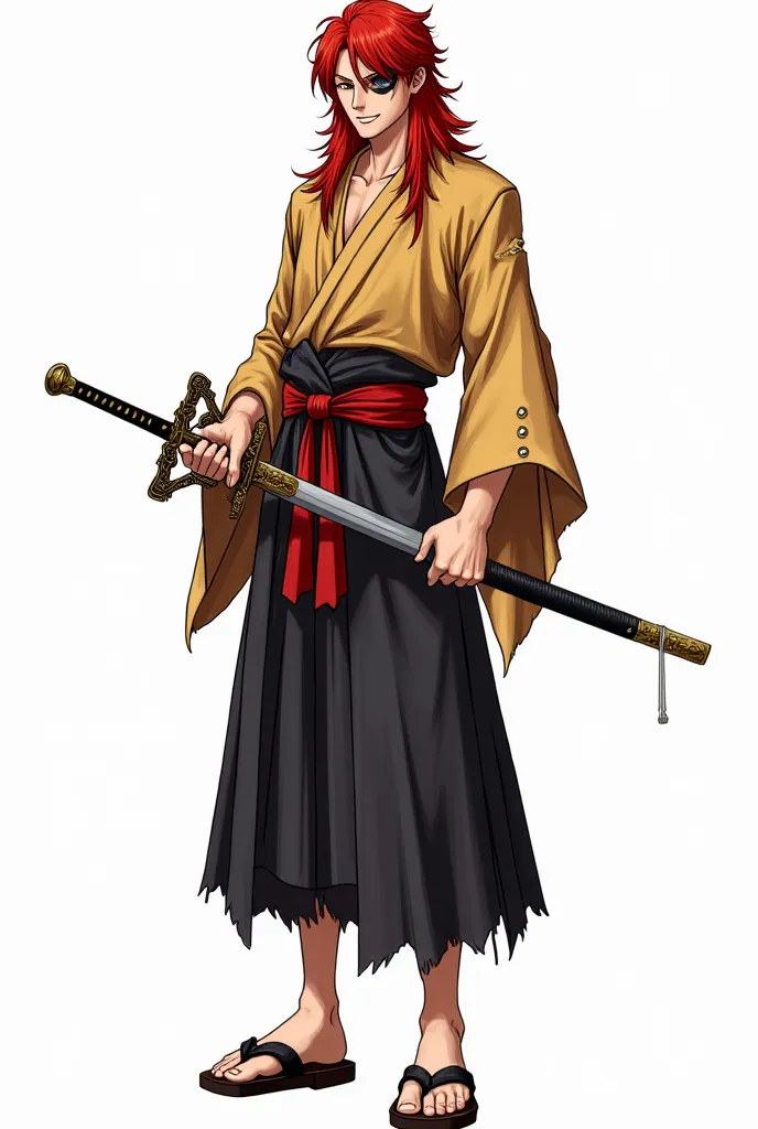 A tall young man and, with yellow eyes and long red hair. he uses a eyepatch in his right eye, a sadistic and mocked smile making a pose, does not wear the kimono sleeve on the left side that reveals his muscular and defined body, and the kimono is torn an...