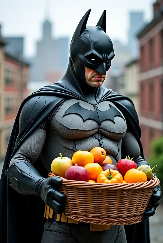 Batman pulling out a big basket with fruits and filming from afar