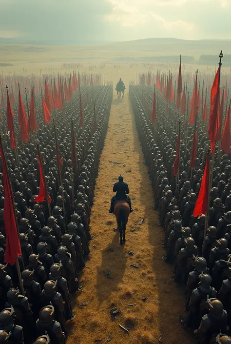 An eagle eye shot of two massive armies facing off on an open battlefield standing far away from each other. One army is clad in dark, heavy armor with swords, axes, and shields, while the other is dressed in lighter, bright armor wielding spears and longb...