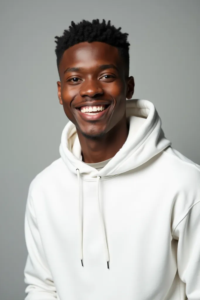 Goodlooking nice black ager in a white hoodie smiling