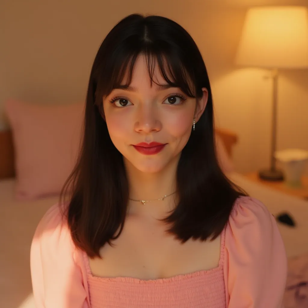  A cheerful woman with waist-length black hair wearing a pastel pink smocked top, gentle highlights on her face and hair, soft indoor lighting with a subtle warm glow, a cozy and welcoming atmosphere,