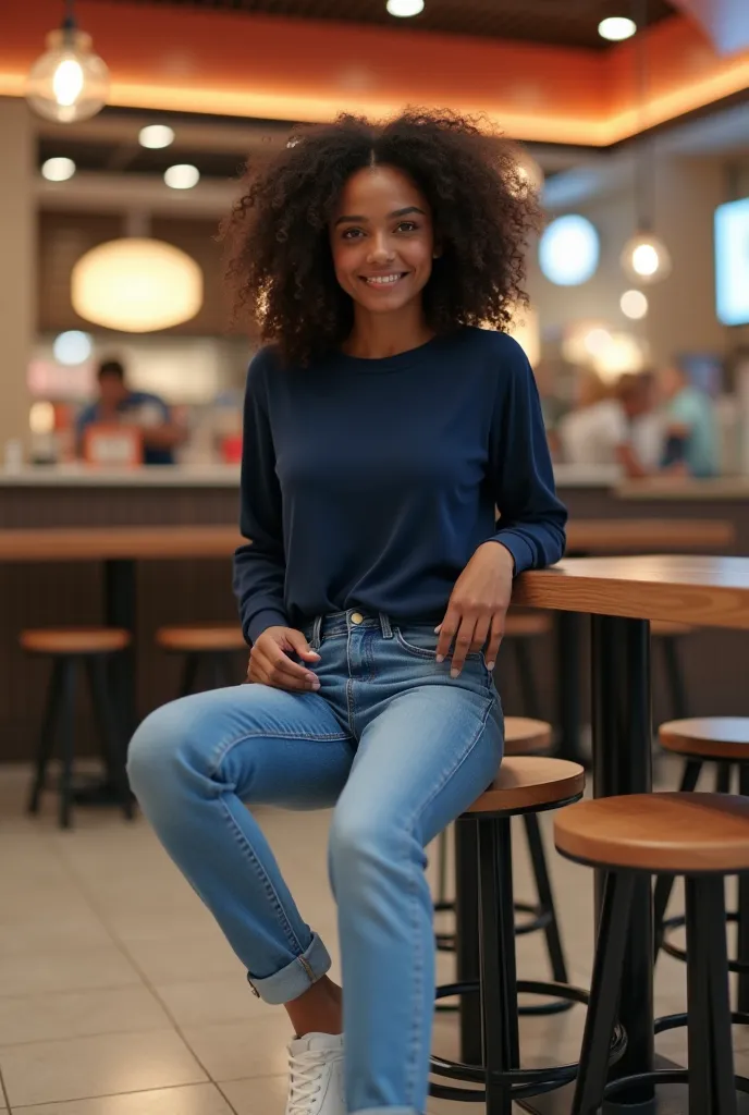 create an ultra realistic model of a 28 year old female with dark skin, curly hair, wearing a basic navy blue crew neck blouse, blue jeans and white sneakers, sitting in the food court of a shopping mall