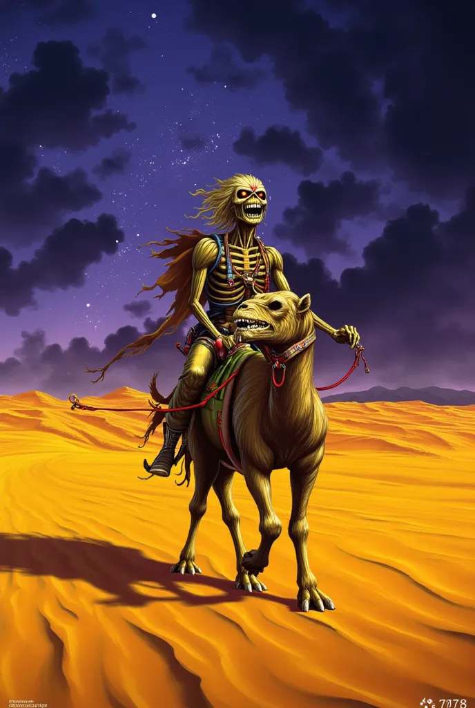 iron maiden album cover of Eddie driving a camel over a dune , 1 9 8 0's heavy metal album art, 1980s metal artwork, realistic, detailed, intricate