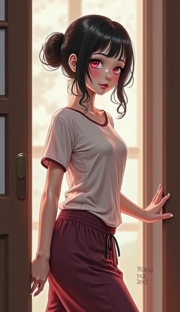 A beautiful girl walks out the door, all her black hair is in a bun, pale skin with a blush, Red eyes. She is wearing burgundy pajama long pants and a burgundy t-shirt. digital painting, anime