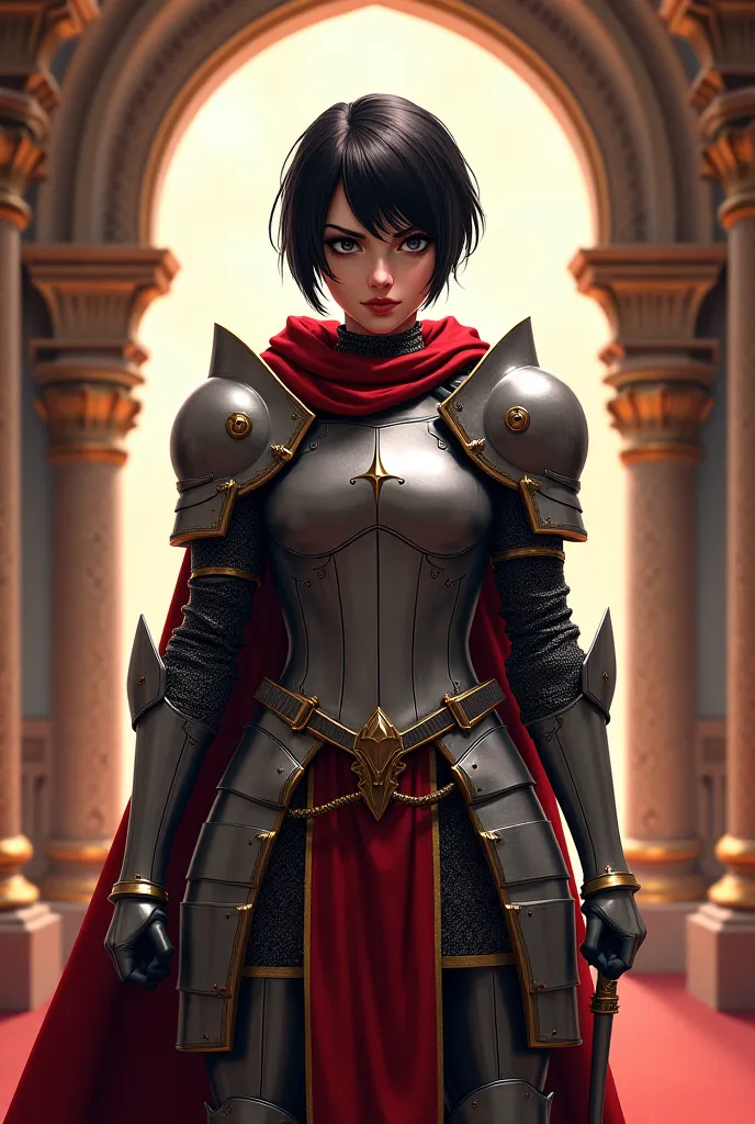 A young woman with dark skin, short dark hair and an athletic body, dressed as a knight from the Middle Ages, standing in the palace with an angry attitude, semi-realistic anime style