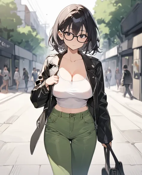  A 17-year-old girl , short black hair, black glasses and black eyes ,high,  thin, big breasts. Wearing a white crop top blouse with an open neckline, neckline over a black leather jacket and baggy green jeans walking in a square. Front shot of the girl lo...