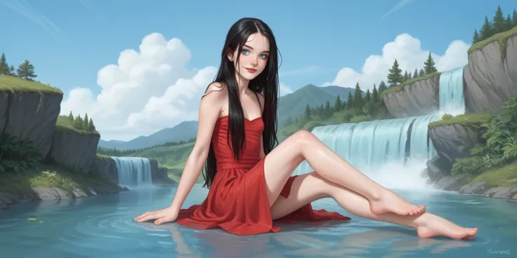 A age girl sitting,  long red dress ,  Covered Leg , straight black hair breasts,  very long hair, freckles, detailed ribs,  flat breasted, small breasts, full body, small bare feet, red lips, eyeliner,  smile, waterfall, clouds,  blue sky, perfect nails, ...