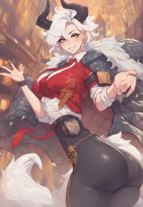 1girl, looking at viewer, city, smile, street, 
zaniwuwa, horn, white hair, black eyeliner, key earring, armband, red necktie, collared shirt, cape, quilted cape, black pants, tail, big ass