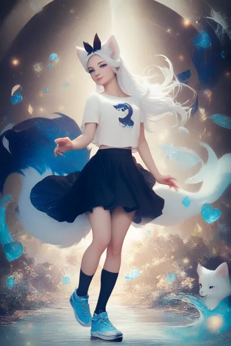 female kitsune, white fur, blue accents, white hair, beige t-shirt with black star symbol, black skirt, black socks, blue sneakers
