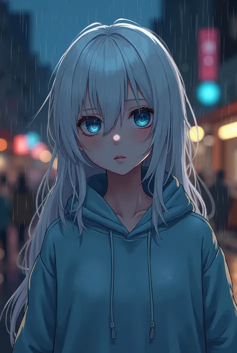  A Girl,
 blue-eyed hair.
She had beautiful white hair, Silky,
A beautiful body ,  using a sweatshirt, she had a fleshy pink mouth,  She's walking down the street,  On a rainy night , She looks kind of sad.