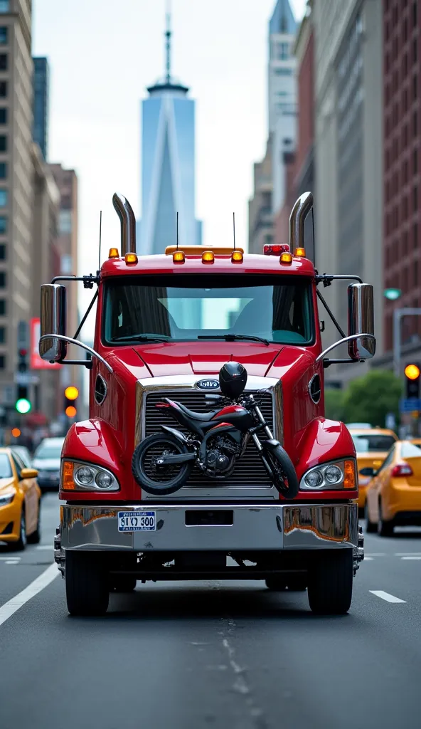 Freightliner M2 106 wrecker, light-duty, towing a motorcycle, city street, traffic.