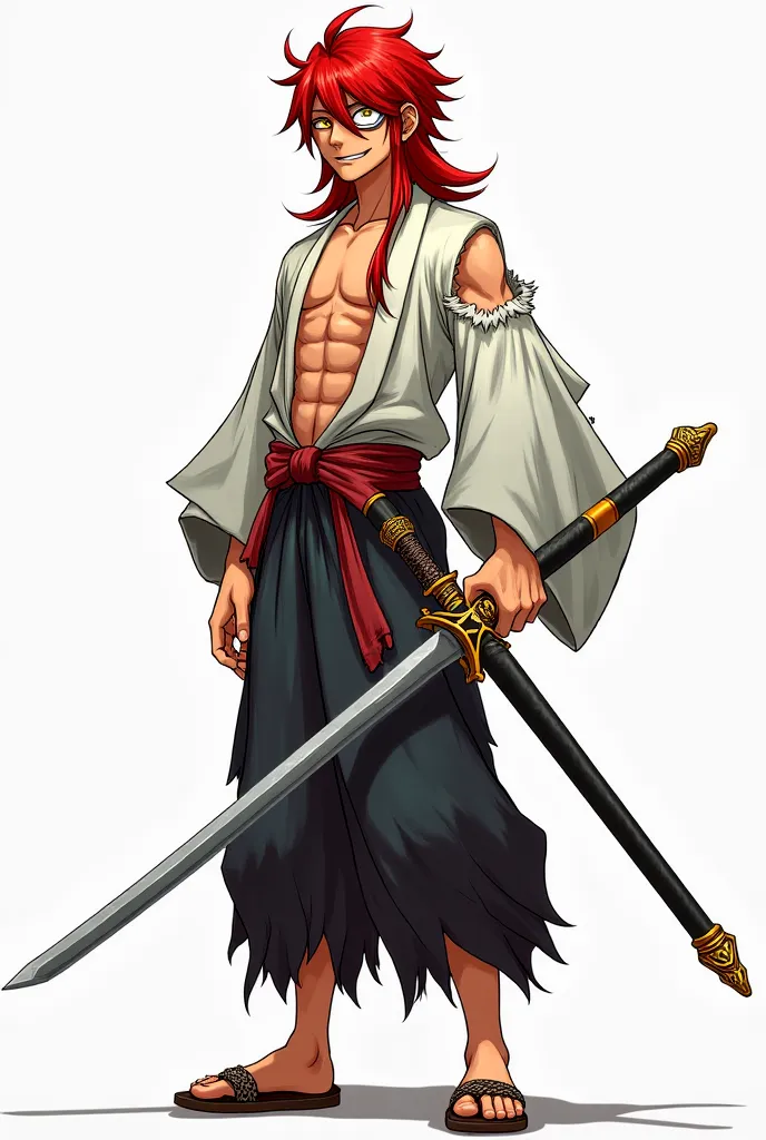 A tall young man, with yellow eyes and long red hair. he uses a eyepatch in his right eye, a sadistic and mocked smile making a pose, does not wear the kimono sleeve on the left side that reveals his muscular and defined body, and the kimono is torn and ch...