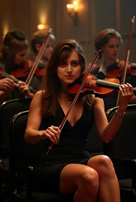 The lighting is softer and moodier, providing an intimate atmosphere, particularly on the woman's face and hair, looking into the viewer , The Spanish violinist    , Show me some panties,   , at a concert,        She is sitting with other musicians,       ...