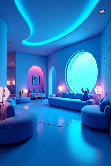 "Futuristic house inspired by Stitch, with vibrant blue tones and themed furniture. Soft sofas, lamps with Stitch ears and tables with curved legs. Warm lighting with neon blue, walls with subtle Stitch patterns. Hyperrealistic 3D style, futuristic and coz...