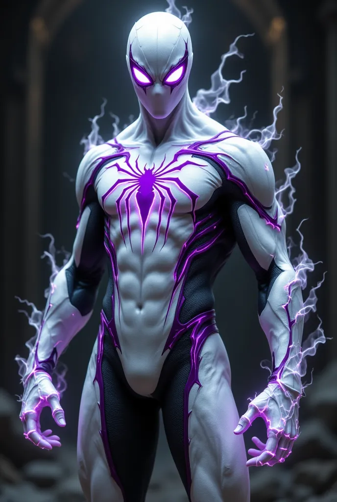 White spiderman suit with purple detailing, unique spider logo on chest, evil eyes, oozing powers, 8K