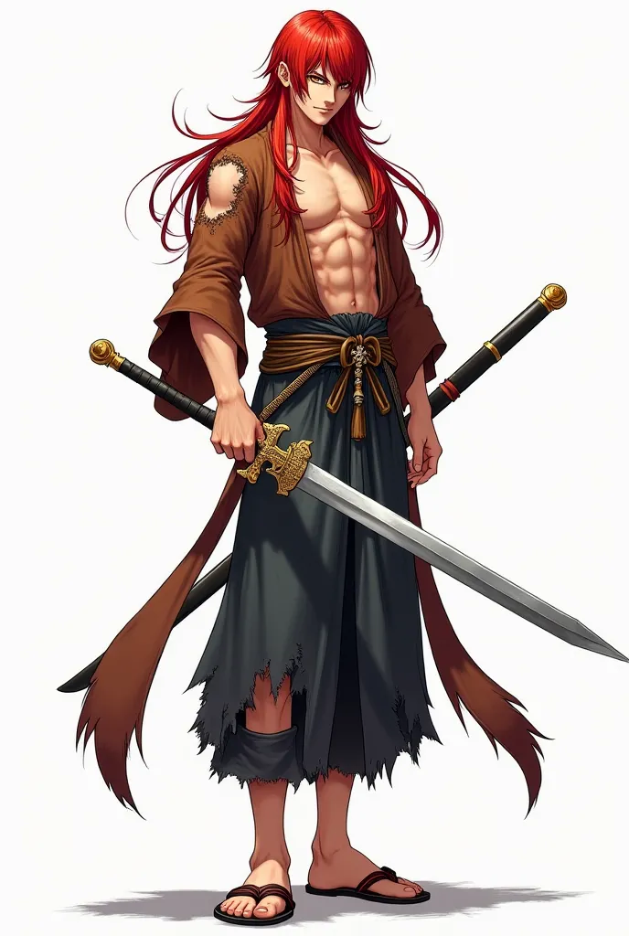 A tall young man, with yellow eyes and long red hair. he uses a eyepatch in his right eye, a sadistic and mocked smile making a pose, does not wear the kimono sleeve on the left side that reveals his muscular and defined body, and the kimono is torn and ch...