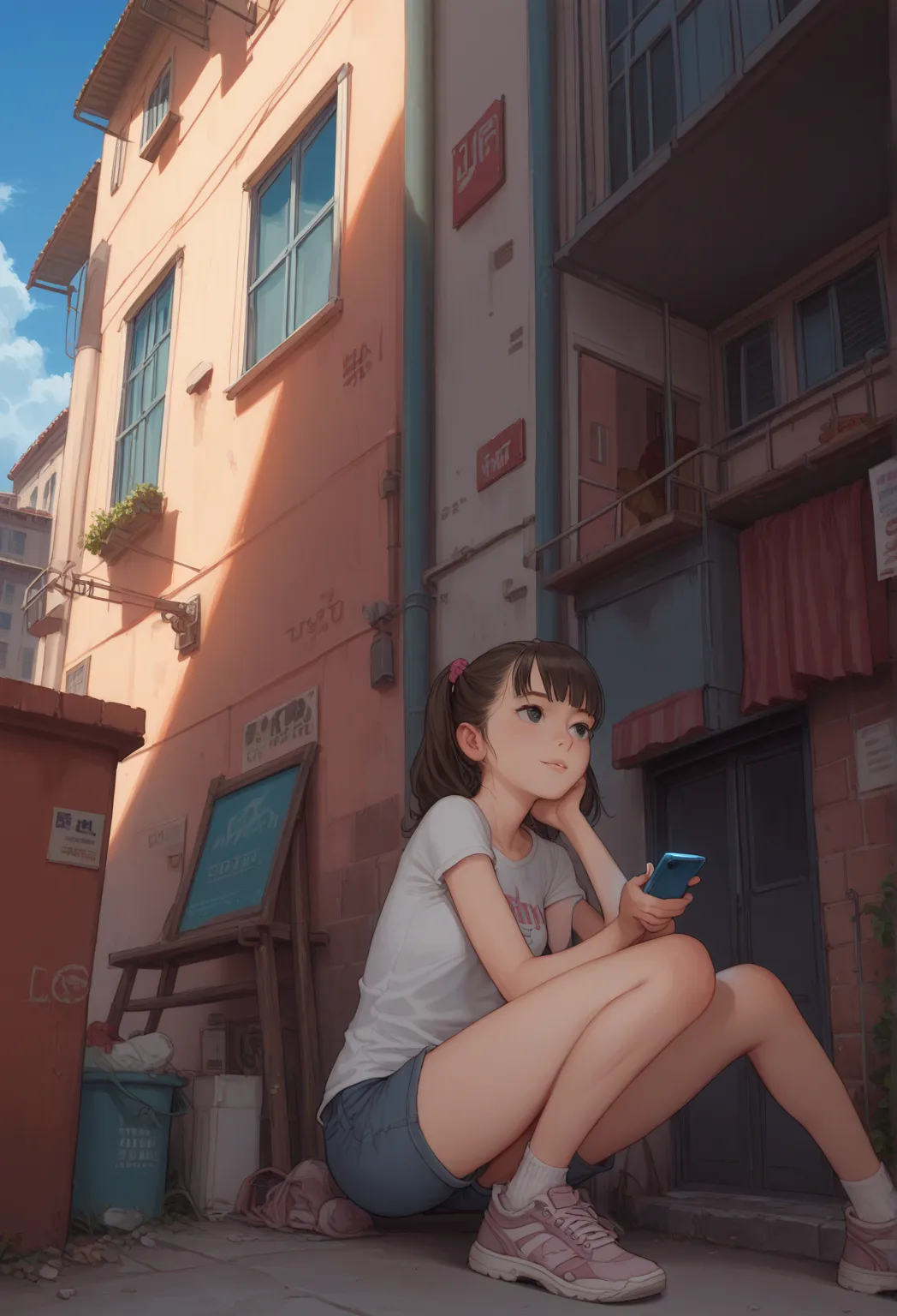  A Girl, in a dirty alley , STOP,  Messing with the cell phone, perspective, Window in the part, Roof of houses,  blue sky,  clear scenery , Air conditioning on the wall