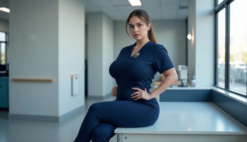 Voluptuous nurse in a modern, dark blue outfit, casually sitting on a hospital desk with crossed legs.