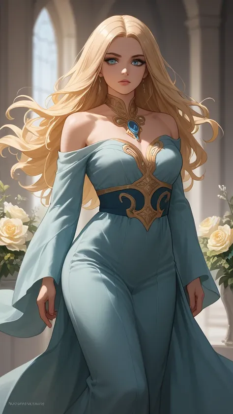 
Prompt: Sophia is a strikingly beautiful young mage with long, flowing blonde hair that cascades down her back. Her figure is curvy yet graceful, with two prominent peaks() that jiggle and wide hips that complement her slender, toned waist. Despite her en...