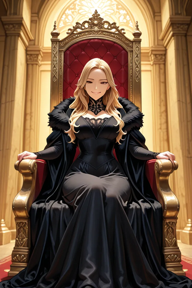 A middle-aged woman with white skin, blonde hair and a voluptuous body, dressed like a queen from the Middle Ages, sitting on her throne with a provocative attitude