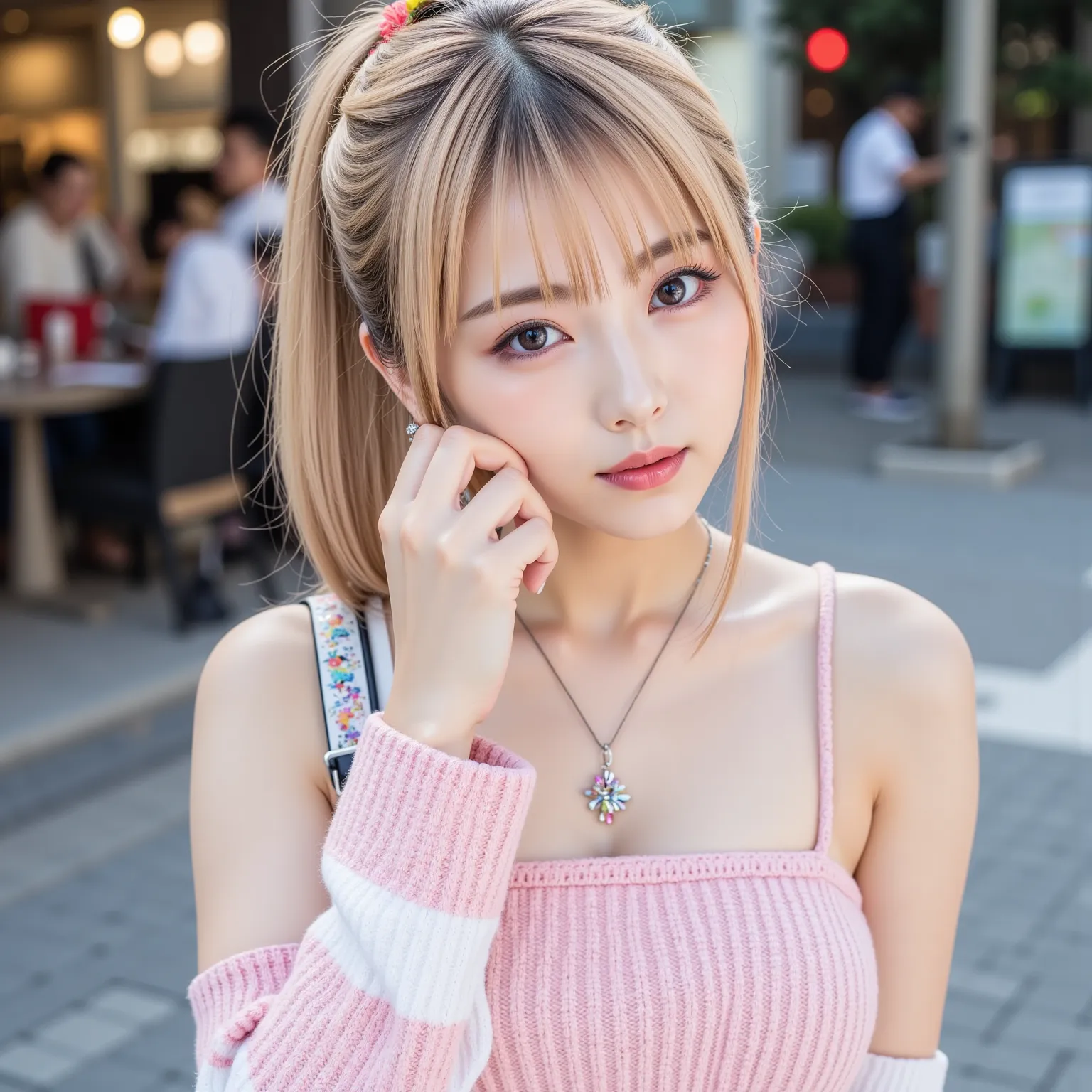 ((8K wallpaper)),((blond hair)),((short ponytail in tunic)),((big breasts,Big Breasts)),((dark eyeshadow pink with dark orange lipstick)),(( beautiful Japanese girl)),((Intelligent Glasses)),((street corner background )),((colorful manicure for nails)),((e...