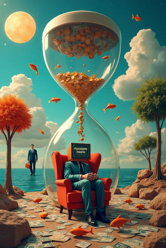 **Idea of the surrealistic painting:**

Title: *"The Dream Consumer"*

 Description : Imagine a dreamlike landscape where a large hourglass floats in the sky, but instead of sand, coins and bills fall. At the bottom of the watch, a consumer with a televisi...