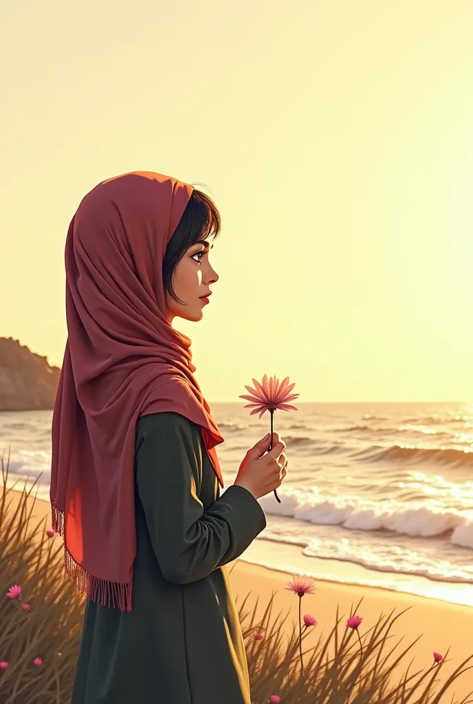 A girl standing  Infront of beach side having long hairs covered with hijab carrying a flower and thinking about life issues
