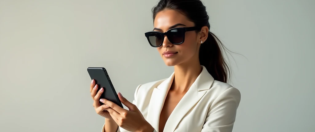 A confident woman wearing sunglasses shows off money on her phone, radiating a vibe of financial savvy and style.