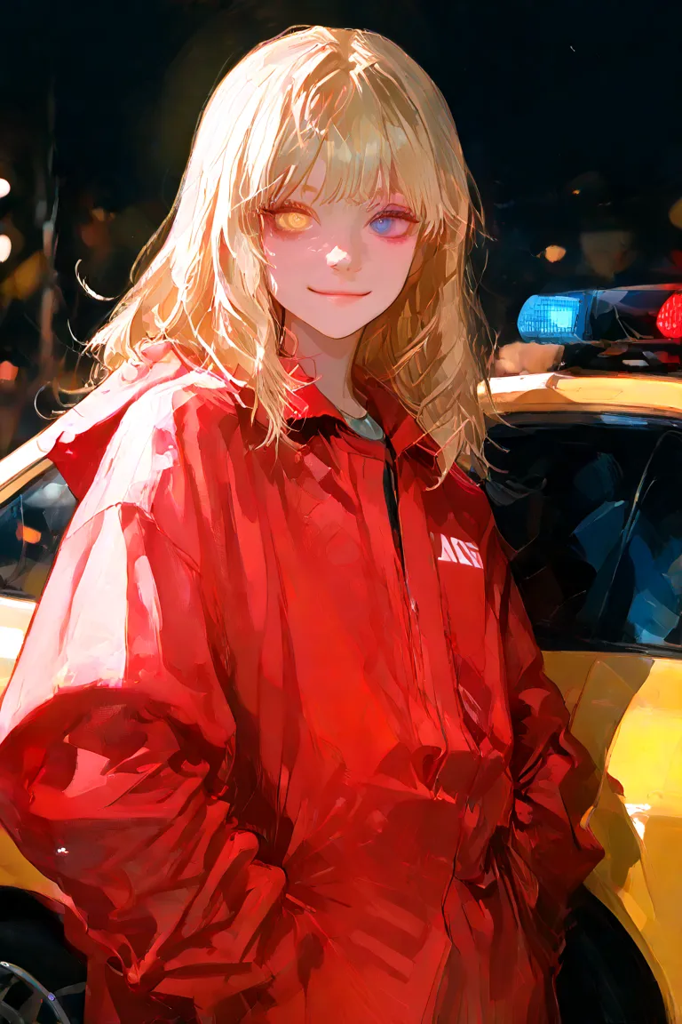 A young rookie blonde haired guy with heterochromatic eyes - left is blue and right is yellow, bright and cool smile, perfect peach skin, ideal appearance. a son of Humanized! Lighting Mcqueen. He's wearing car racers's yellow-and-red suit with a number 23...